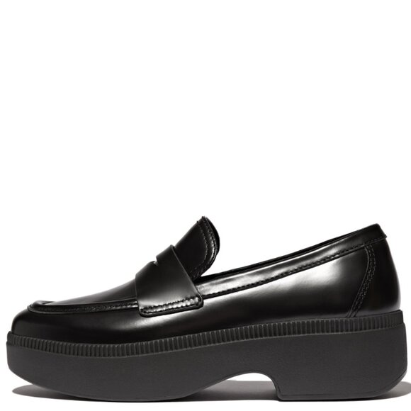 Fitflop - F-LUMA Box-Leather Demi-Wedge Penny Loafers - Black - Size 9 - Picture 1 of 14